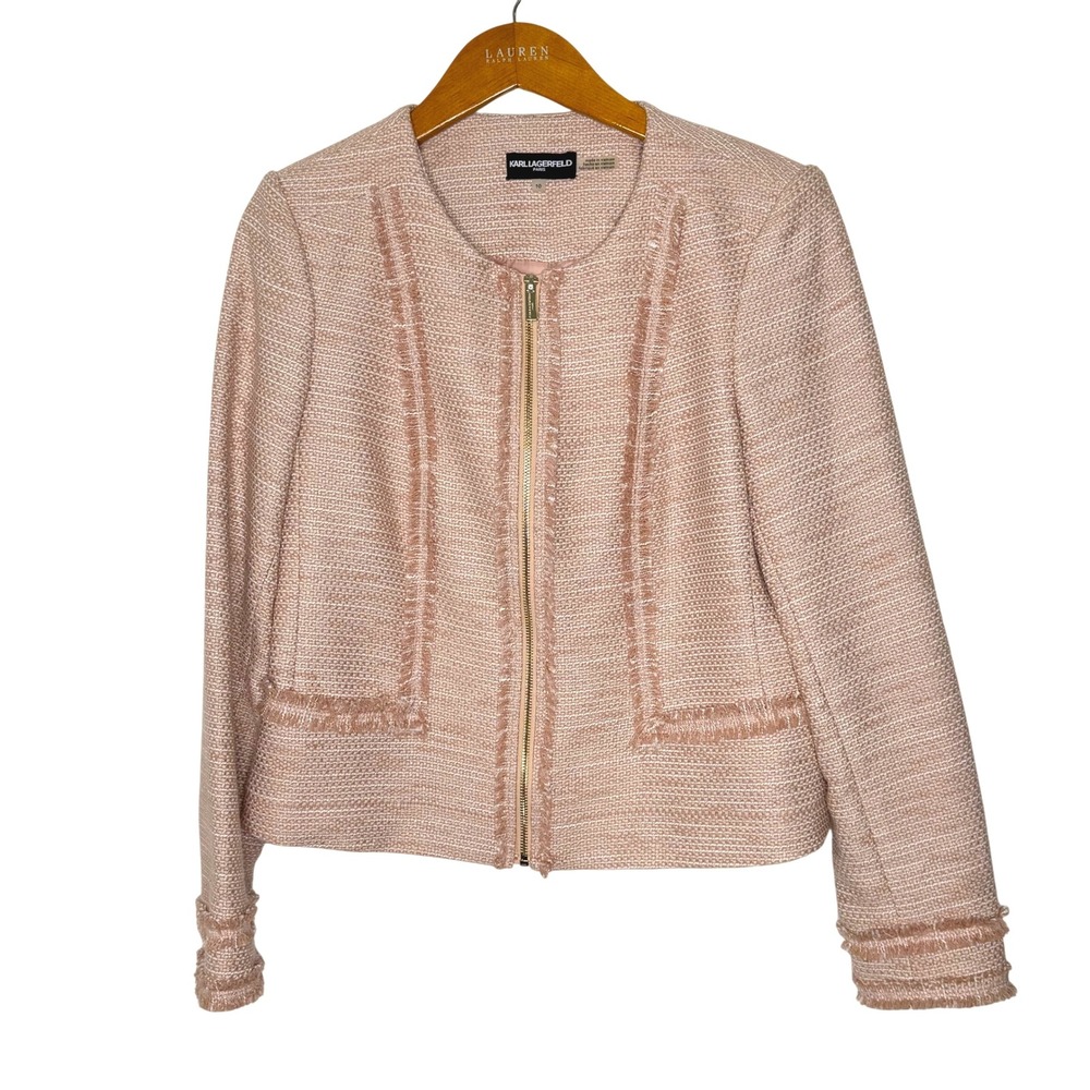 Karl Lagerfeld zip front‎ Tweed Fringe blazer